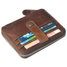 Crazy Horse Leather Zipper Closure Men Mini Safe Wallet Minimalist for Credit Cards Durable Simple Purse Men Leather card wallet