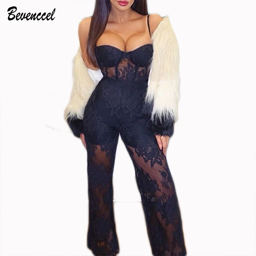

2019 Women Sexy Summer Straps Bandage Jumpsuit Chic Sleeveless Lace Patchwork Elegant Two Piece Sets Bodycon Party Jumpsuit