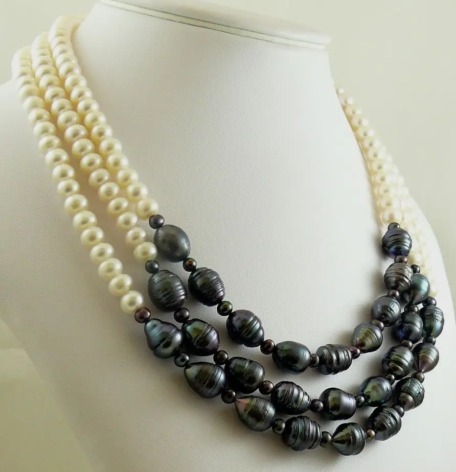 

xiuli 003525 stunning triple strands natural south sea black white pearl necklace 18''
