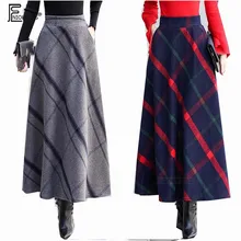 Юбки с высокой талией, популярные женские осенне-зимние элегантные офисные длинные юбки с карманами и эластичной резинкой на талии, серые и Красные Теплые юбки в клетку, Длинные 9125