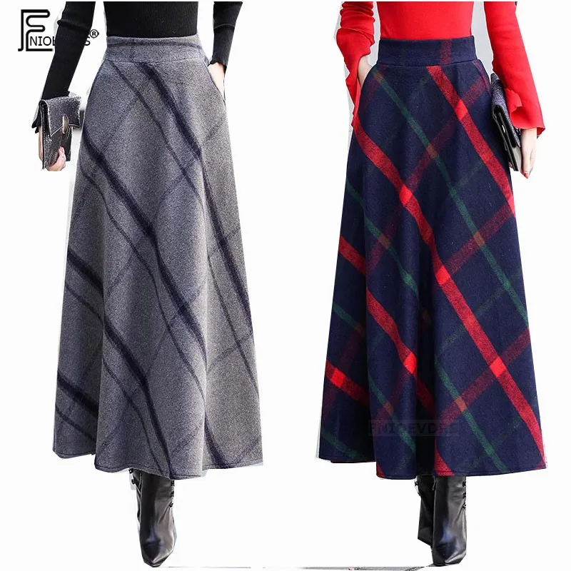 

High Waist Skirts Hot Women Fall Winter Pocket Elastic Waist Elegant Office Lady Long Skirt Gray Red Plaid Warm Skirts Long 9125