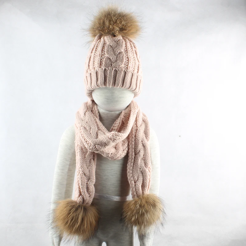 От 3 до 6 лет детская зимняя шапка шарф с помпоном Теплый Твист вязаная шапочка натуральный мех помпон шапка и шарф набор для детей