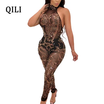 

QILI Nightclub Sexy Sequined Jumpsuits See Through Mesh Halter Backless Skinny Jumpsuit Sparkle Sequin Club Sexy Jumpsuits