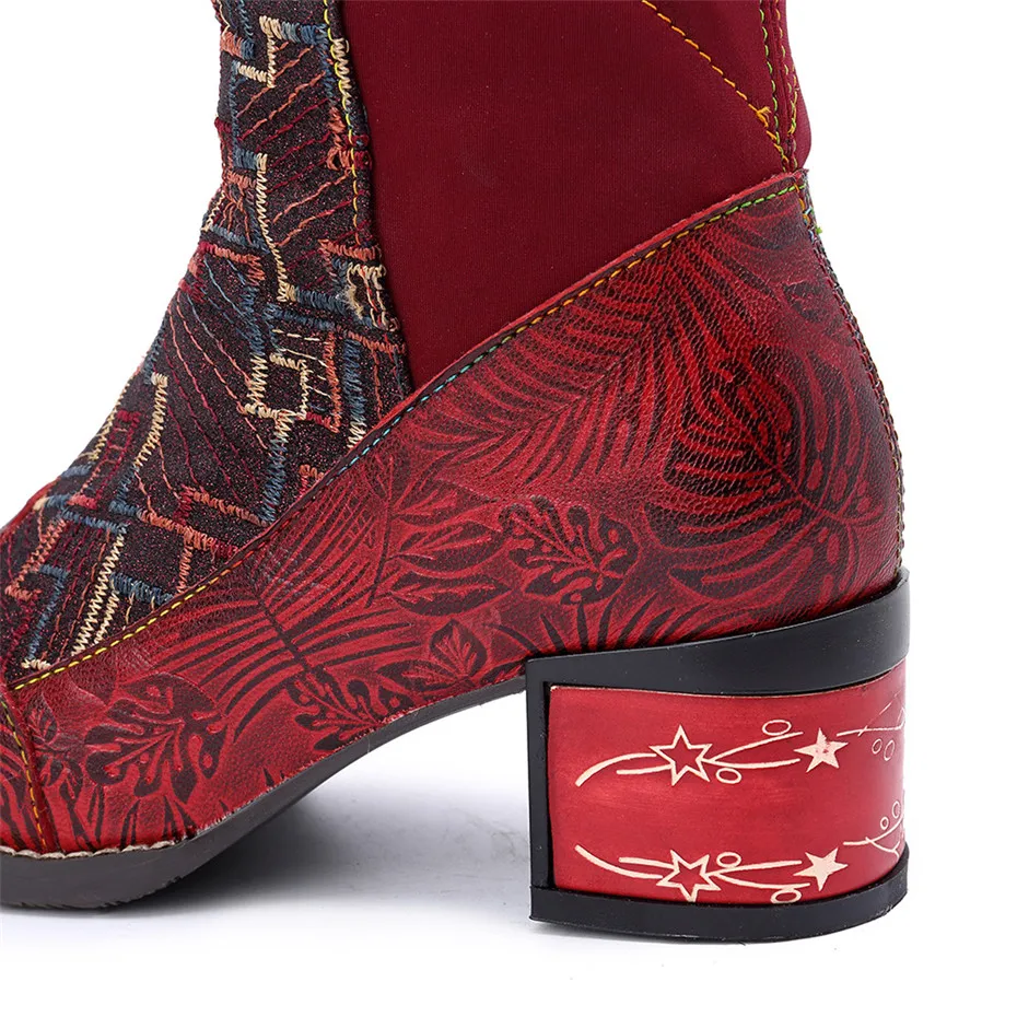 Handmade Genuine Leather Knee High Boots Women Shoes Vintage Patchwork Lady Embroider Shoes Zipper Heels Spring Autumn Boots New (1)
