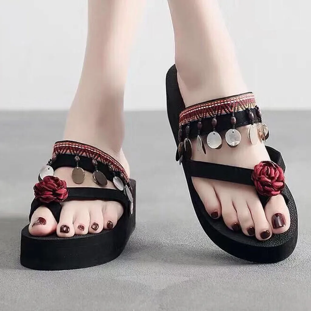 

2019 Women's Flower Slippers Ladies Summer Beach Casual Shoes Bohemia Wedges Slipper Flip Flops Shoes High Heel Platform Shoes