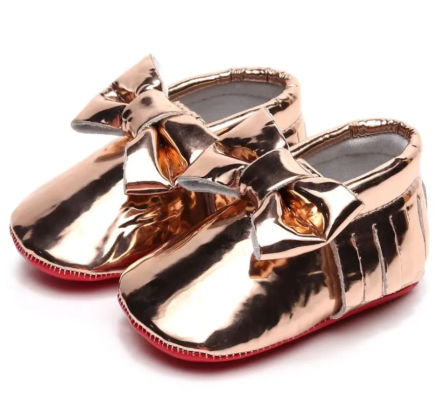 Patent Leather Red Bottom Baby Shoes For Girls Big Bowknot Fringe Baby Shoes Baby Moccasins Bebe Girl Baby Shoes First Walkers - Цвет: gold