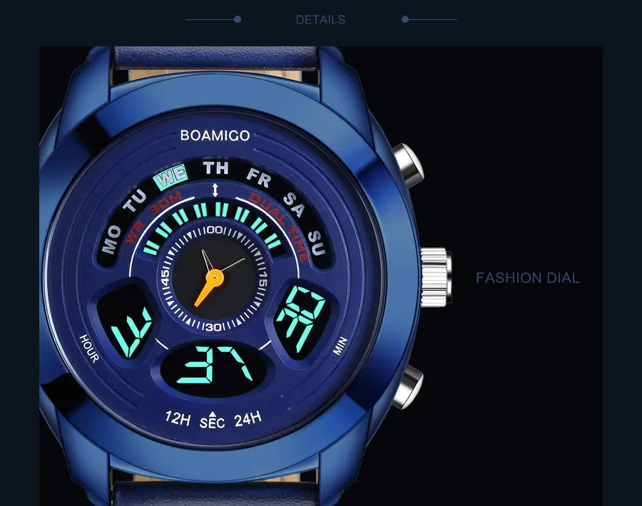 BOAMIGO, Брендовые мужские спортивные часы, мужские, синий, кожаный, светодиодный, Цифровые кварцевые наручные часы, 30 м, водонепроницаемые, подарок, часы, Reloj Hombre