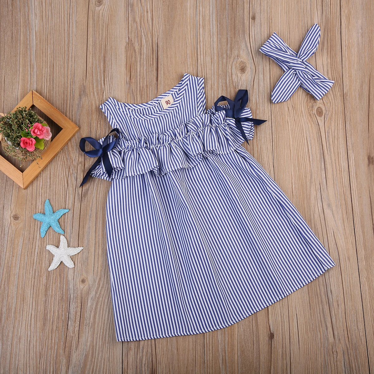 

Toddler Baby Kid Girl Off Shoulder Dress Botton Up Striped Cotton Dress+Headband Cute Summer Girls Dressing