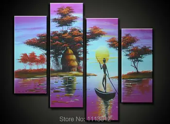 

Africa People And Boat Sun Tree Oil Painting On Canvas 4 Panel Arts Set Modern Home Abstract Wall Decor Picture for Living Room