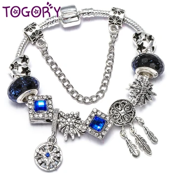 

TOGORY Classic Moon & Star Charm Bracelet With Feather Snake Chain Fine Bracelet As Women Wedding Jewelry Dropshipping