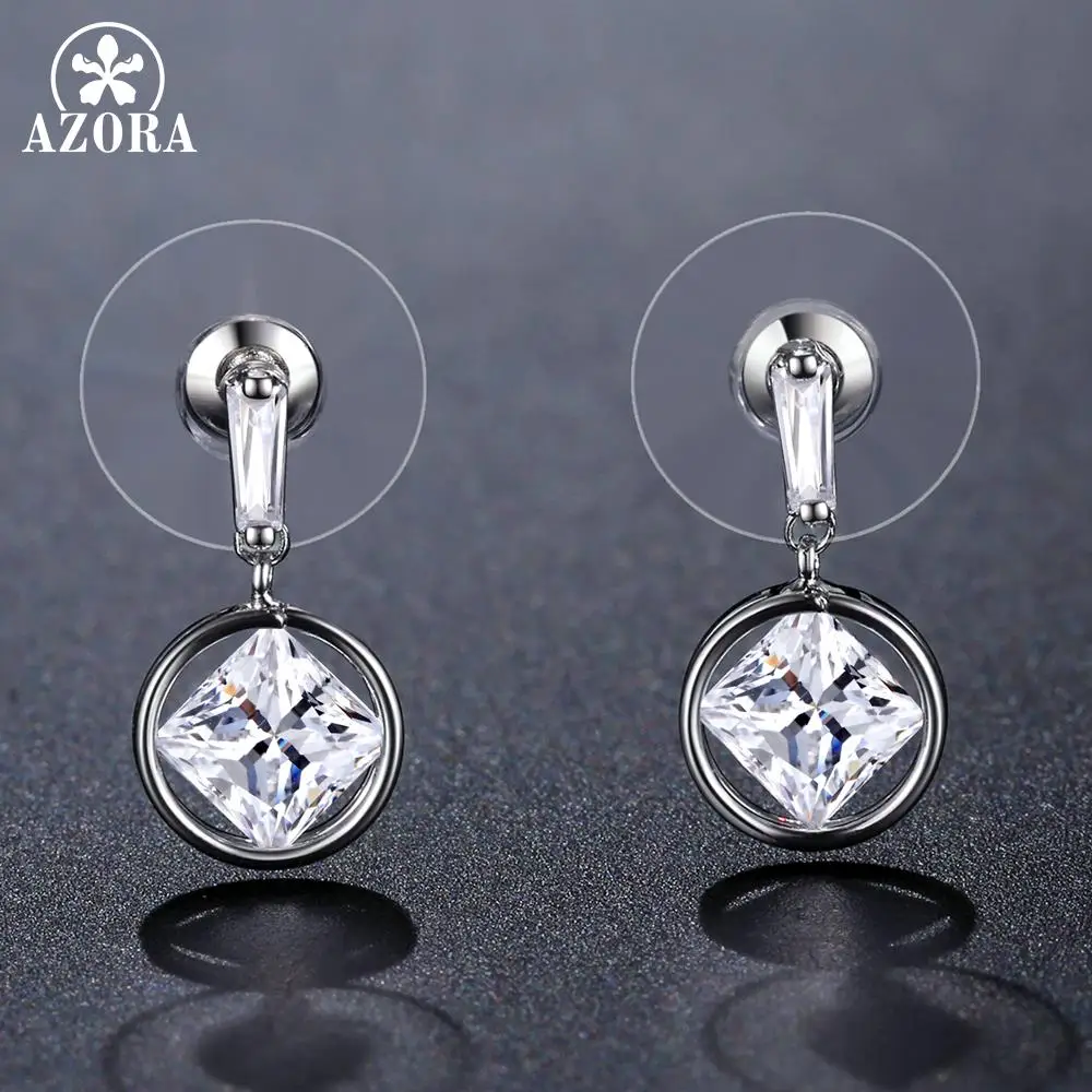 AZORA Silver Color Drop Earrings for Women Round Dangle Square Clear Zirconia Earrings Female Jewelry Limited Edition TE0339