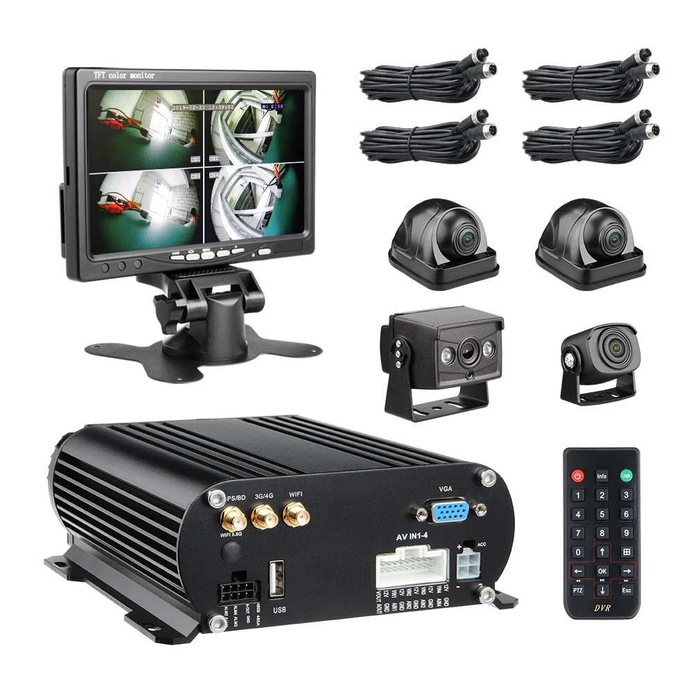

4G GPS Wifi 4 Channel 1080P AHD Mdvr with 1.3MP 180 degree Mini Fisheye Waterproof Camera 7'' LCD Monitor factory direct batch