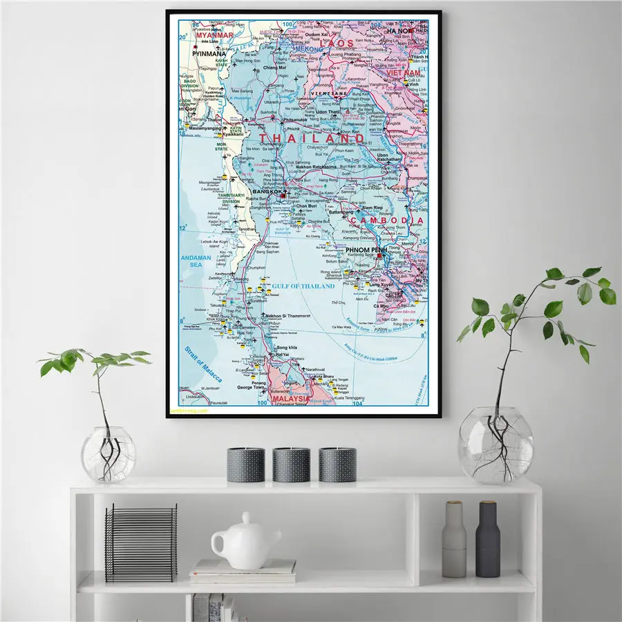 Southeast Asia Map Up To Date And Current Poster Classic Canvas Drawing Print Wall Art Sticker 