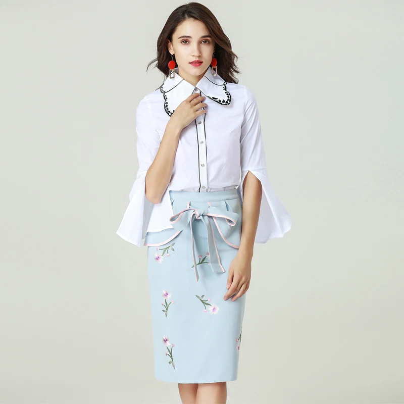 

Red RoosaRosee 2019 Spring Summer Women Sets New Placket Sleeve White Blouse + Slim Hip Embroidery Pencil Skirt Fashion Suit