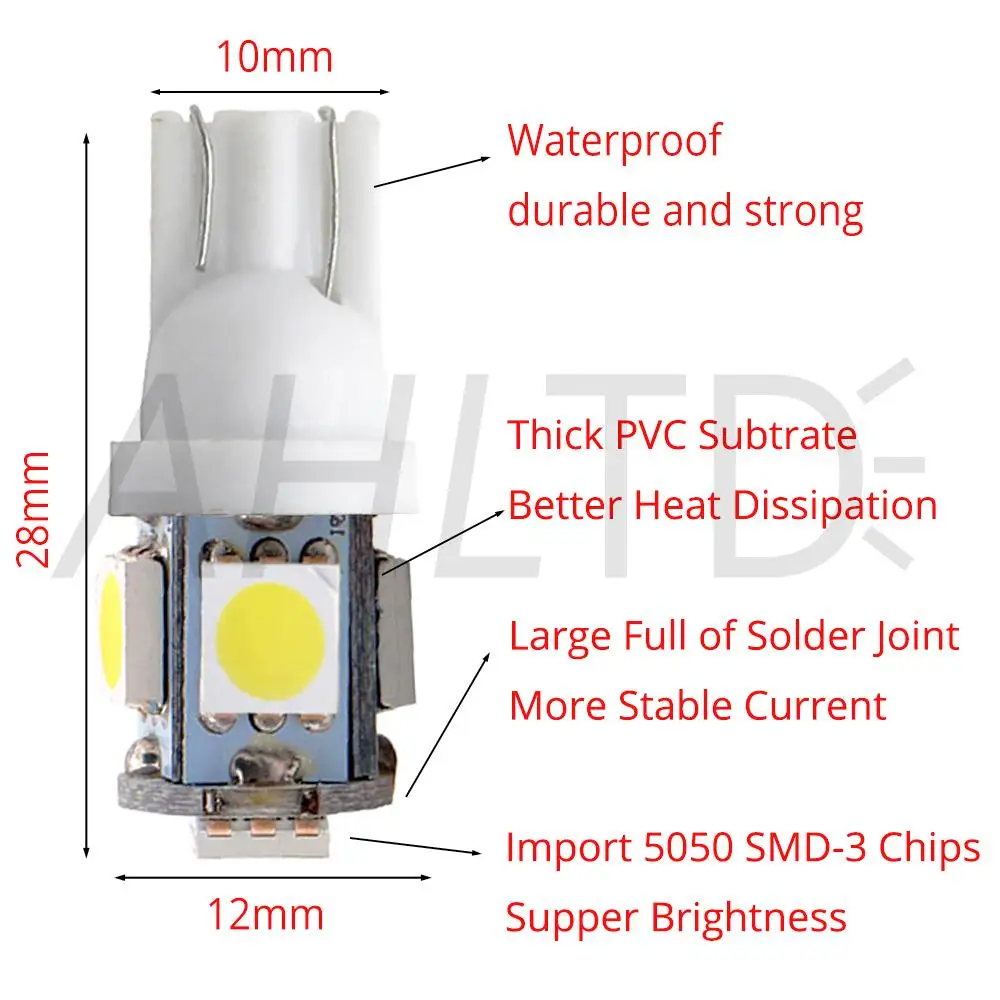 10 шт., Автомобильный светодиодный светильник T10 W5W 5050 5SMD, белый, красный, синий, клиновой светильник 168, 194, 192, DC 12 В, лампы для номерного знака, габаритный светильник, лампа для чтения, купольная лампа