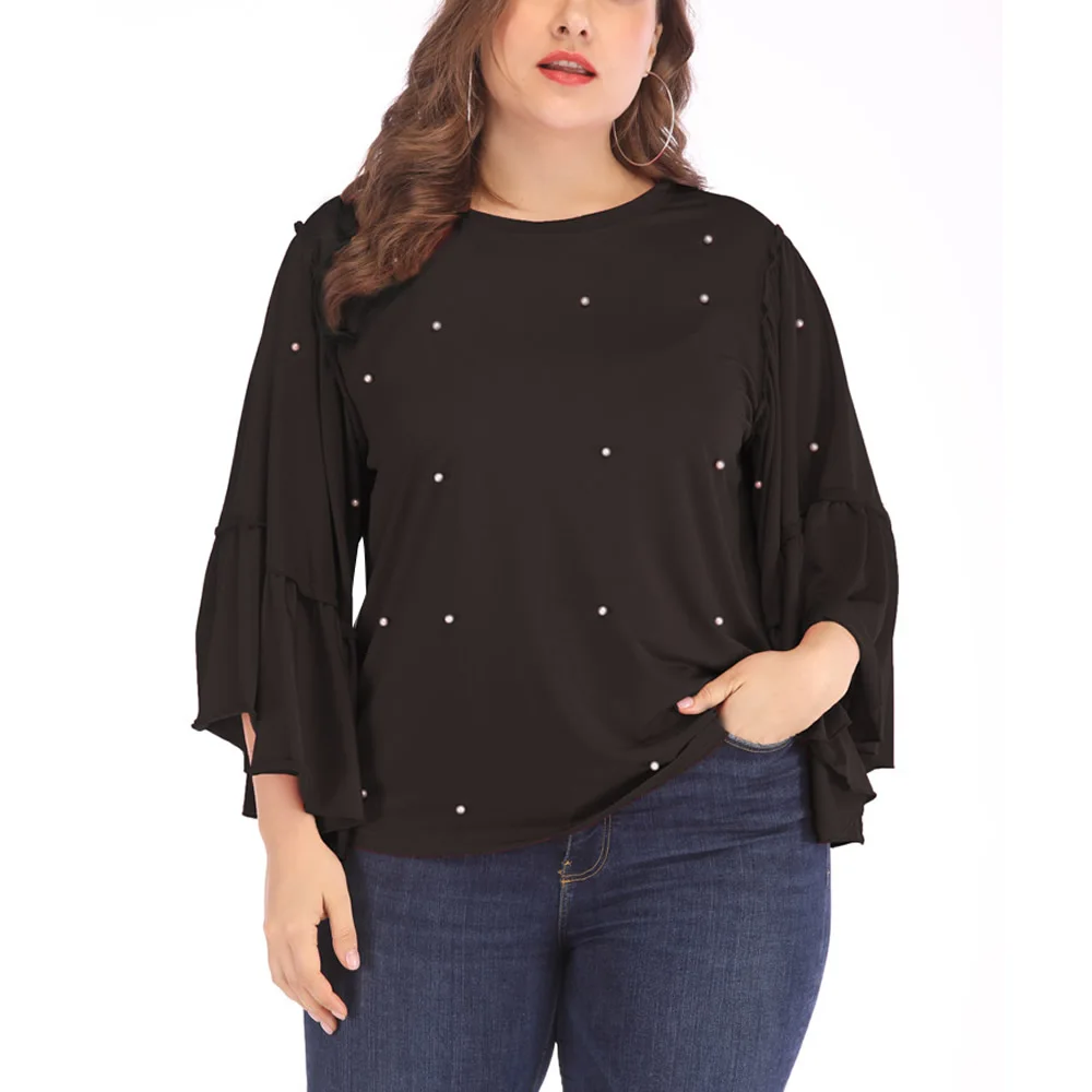 

Plus Size Women shirt 2019 New Autumn Long Ruffle Sleeve Bead Blouse Lady Casual Round Neck Solid Red Black Blouse Shirt