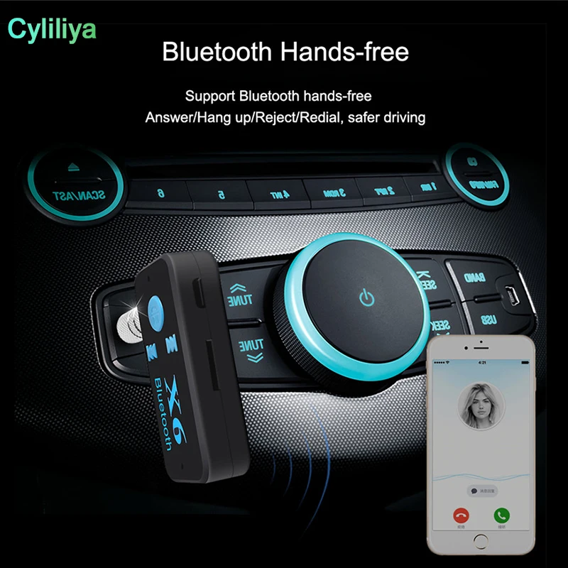 100 комплекты X6 4,1 EDR Bluetooth 4,1 V вспомогательный аудиоресивер адаптер 3,5 мм автомобильного комплекта громкой связи TF карты играть A2DP Mp3 музыкальный приемник