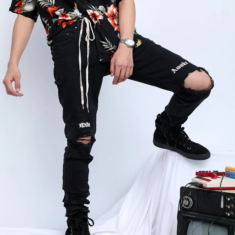 Beste 2018 Streetwear Black Ripped Jeans Mannen Met Gaten Denim Super Skinny hip hop Slim Fit Jean Broek Krassen Biker Jeans