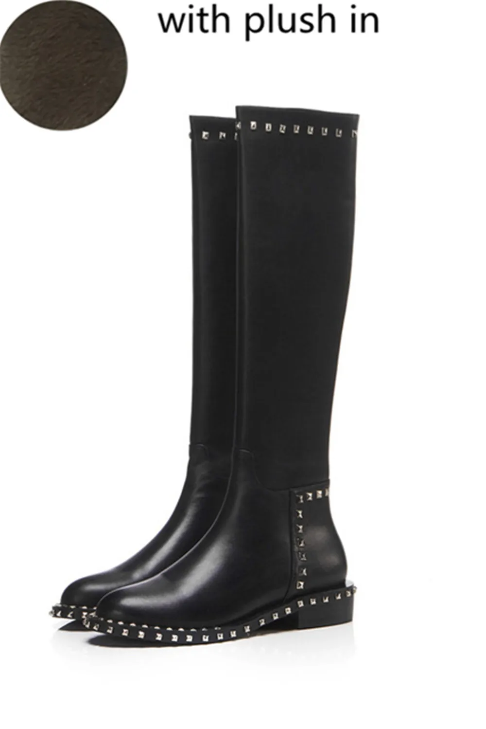 Mcacchi/ботинки в стиле панк с закругленным носком и заклепками; женские сапоги до колена; сезон осень-зима; Теплая обувь из натуральной кожи на высоком каблуке; женская обувь; botas mujer - Цвет: black high boots