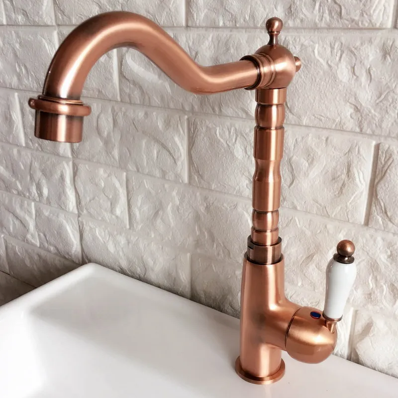 Antique Red Copper Brass Bathroom Kitchen Basin Sink Faucet Mixer Tap Swivel Spout Single Handle One Hole Deck Mounted mnf414