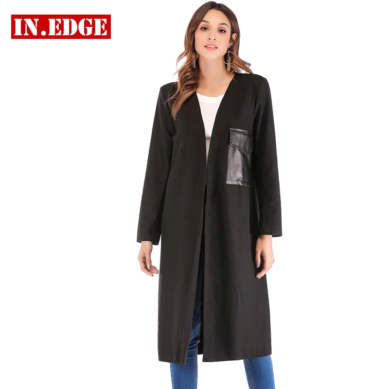 

Women Coat Long Wool Blends Female Jackets Coat Elegant Office Lady Casual Slim Outerwear Black Windbreaker Leather Pocket