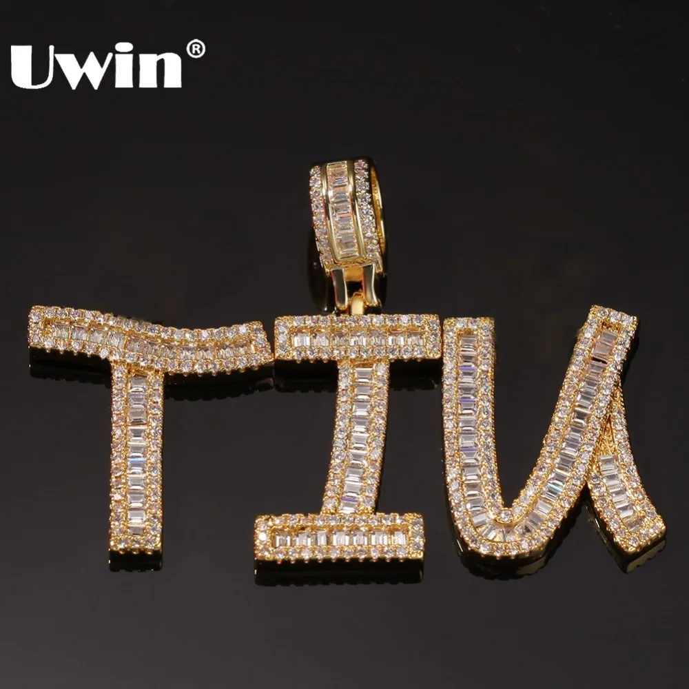 

UWIN Custom Baguette Initial Letters Pendant Necklace Words Name With 4mm CZ Tennis Chain Full Iced Cubic Zirconia Jewelry