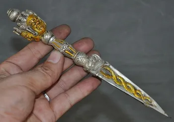 

christmas 7"Old Tibet Tibetan silver gilt Vajrakilaya Buddha Head Puba Vajra Phurpa Dagger halloween