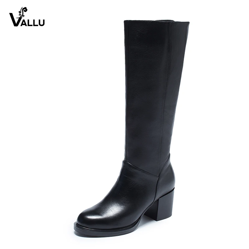 

2018 VALLU Women Shoes Long Boots Genuine Leather Round Toes Zipper High Heel Women Knee High Boots Black