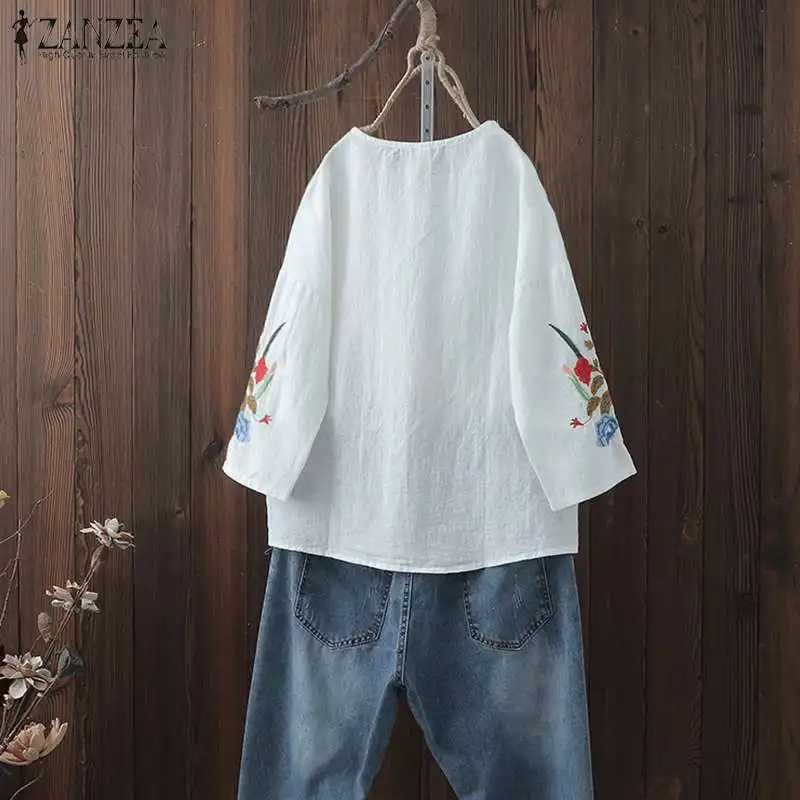  2019 ZANZEA New Women Cotton Linen Blouse Floral Embroider Blusas Femininas Ladies Work Office Shir