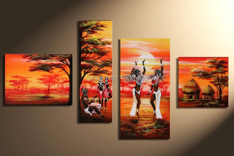 Handmade 4 panel wall art large canvas art cheap African landscape for