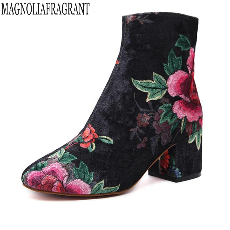 

fashion Flock Woman Boots Flower Design High Heel Pointed Toe ankle boots for women Rubber Boots winter boots Botas Mujer k75