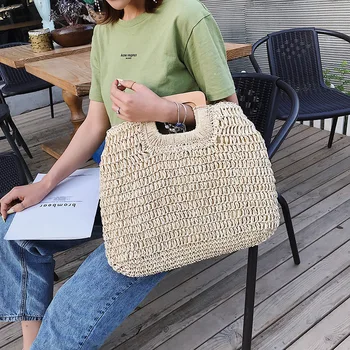 

casual straw bags rattan woven women handbags large capaciry female totes designer raffia wooden handle summer beach bali purses