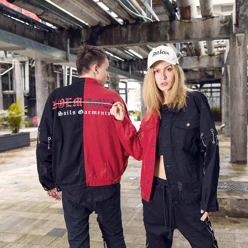 Streetwear Patchwork Mixed Color Gothic Letters Print Denim Jacket Tide Men 's Retro Destroyed Patch Holes Jackets Hip-Hop Streetwear Patchwork Mixed Color Gothic Letters Print Denim Jacket Tide Men 's Retro Destroyed Patch Holes Jackets Hip-Hop