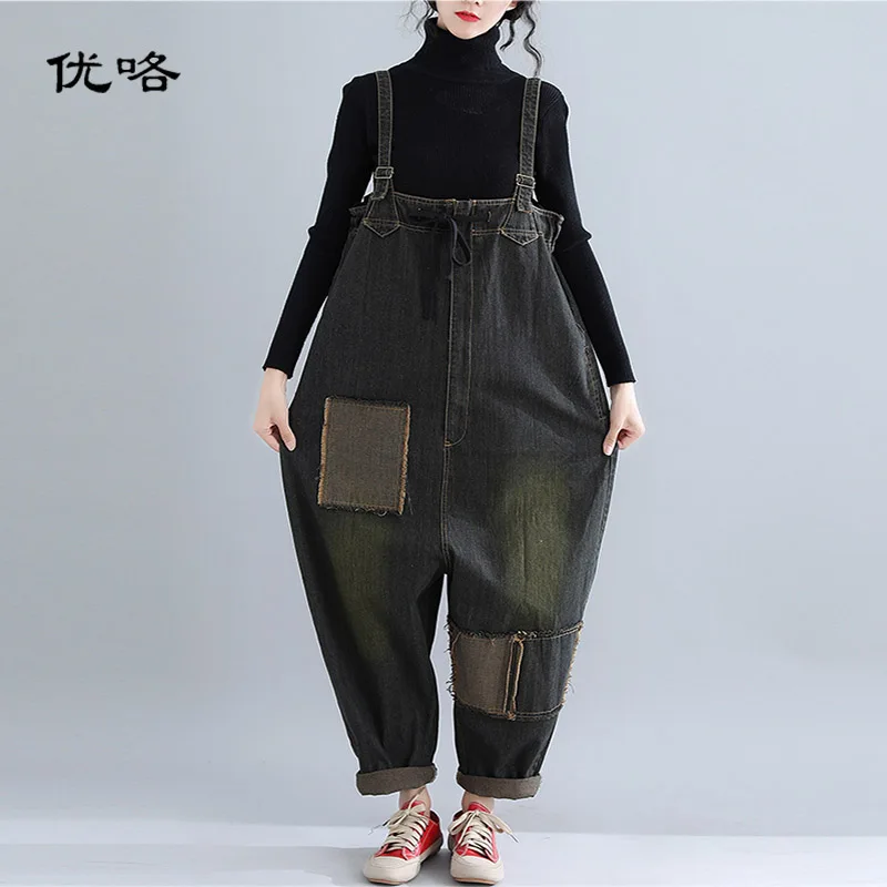 

Women Denim Jumpsuit Plus Size 2019 Spring Vintage Patchwork Long Pants Trousers Women Casual Loose Cotton Sleeveless Rompers