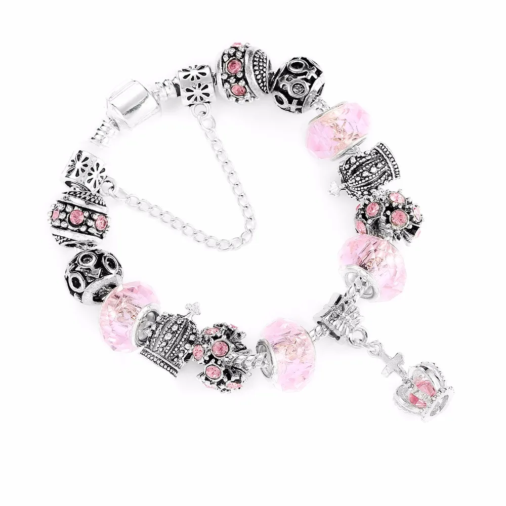 

Crystal Beads Charms Bracelets For Women Vintage Silver Color Crown Pendant Chain Link Bracelet Female Gifts