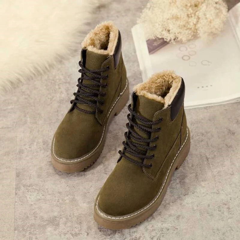 Online Winter Schuhe Frauen Flache Ferse Stiefel Mode Warme Grün Armee frauen Stiefel Marke Mode Frau Ankle Botas Harte Sohle größe 35 39
