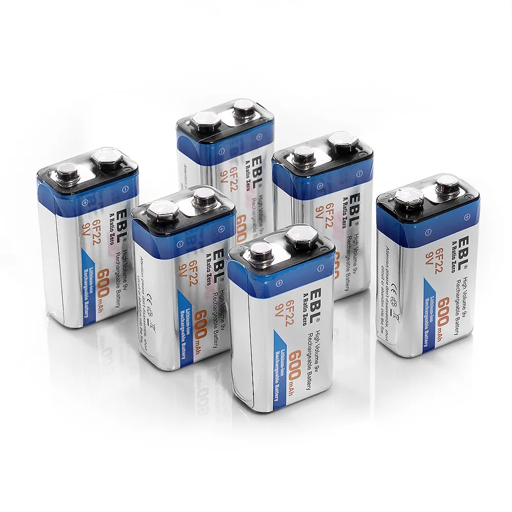 Vente EBL 6 pcs UN Ratio Zéro 6F22 600 mah 9 v Rechargeable Batteries Li ion Lithium ion Batterie Remplacement Livraison gratuite