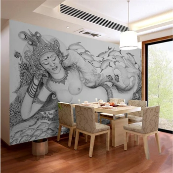 

beibehang Custom 3d wall paper European hand drawn black and white seabed mermaid wallpaper Living room tv backdrop