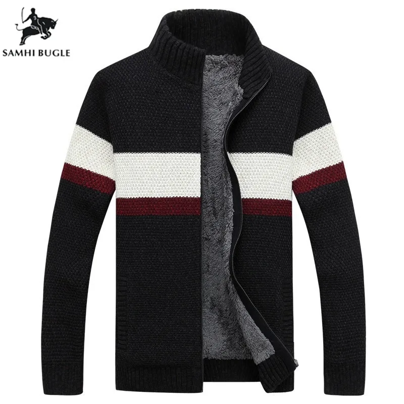 SAMHIBUGLE брендовая одежда зимний свитер мужской полосатый хлопковый Кардиган со стоячим воротником мужская утепленная шерстяная подкладка пальто XXXL