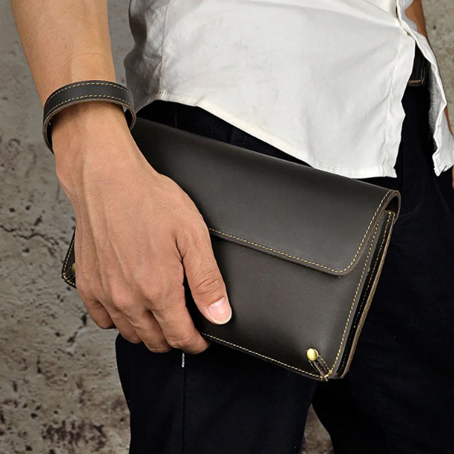 

Men's Crazy Horse Genuine Leather Vintage Clutch Wrist Bag HandBag Phone Wallet