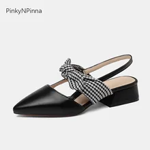 women's slingback pumps black block heel real cow leather plaid fabric bow tie summer cover toe elegant dress shoes for party pu square toe block heel slingback pumps