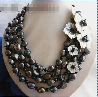 

Wholesale FREE SHIPPING >>>> 4Srands 18'' 12mm Black Baroque Round Freshwater Pearl Shell Flower Necklace