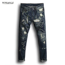 MORUANCLE New Arrival Men s Ripped Patch Jeans Pants Male Straight Distressed Denim Trousers With Patches
