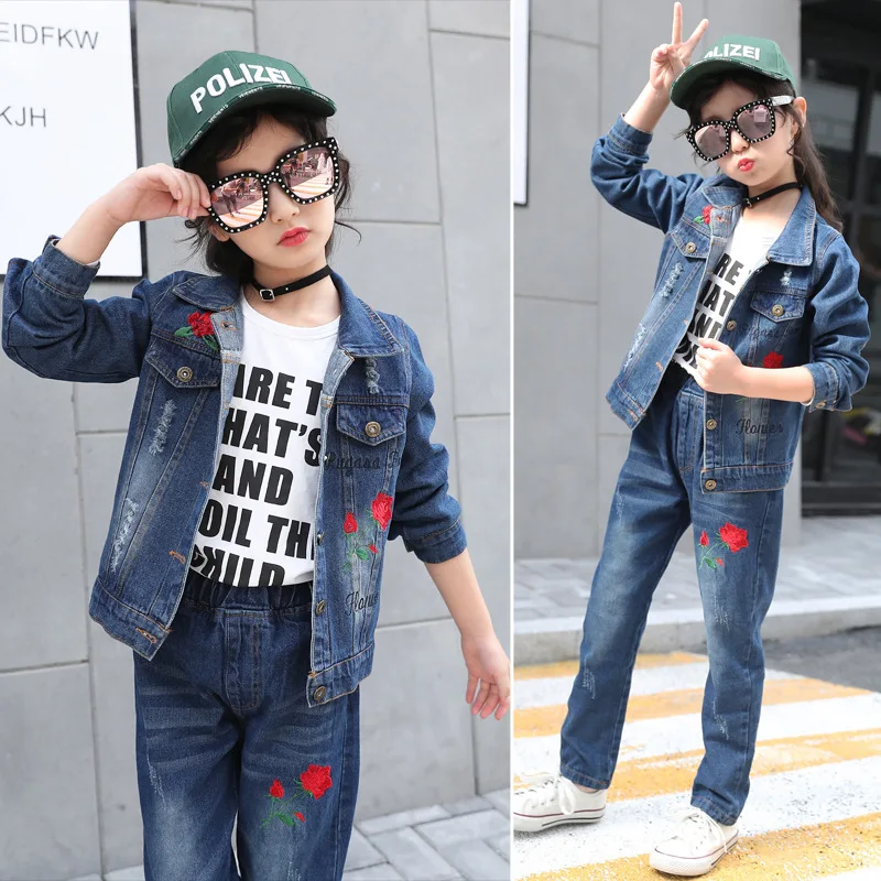 

Children Clothes Set For Girls 2018 Spring Autumn Kids Denim Sets Embroidery Jackets Elastic Waist Jeans Tee Girls Clothing Sets