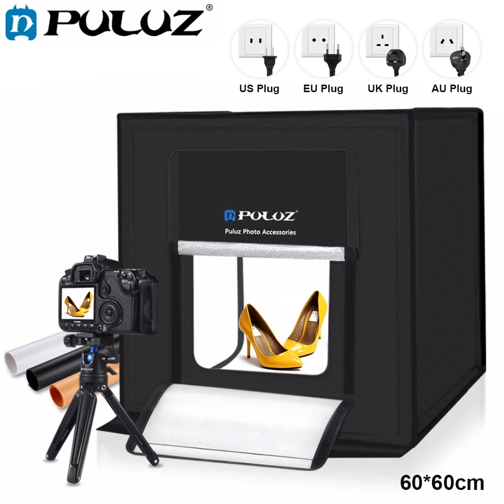 

LED SOFTBOX SHOOTING ROOM PHOTO STUDIO BOX 60*60*60CM LIGHT TENT PORTABLE BAG KIT FOR PHOTOS TAKING WITH 3 BACKDROPS+ AC ADAPTER