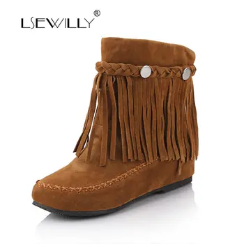 

Lsewilly Women Boots Sweet Fringe Ankel Boots Comfrt Flat Heel Short Boots Fashion Lady Shoes 2017 New Winter Size34-45 LYZ078