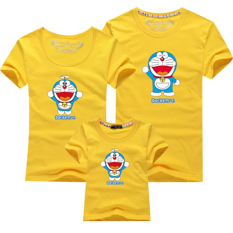 Doraemon/Новая летняя детская одежда для мальчиков и девочек Свободная Женская футболка с короткими рукавами одинаковые комплекты для отдыха для детей - Цвет: Yellow