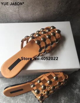 

YUE JABON Brown Leather Beach Sandals Mules Slip On Pearl Crystal Studded Slippers Women Flat Slides Caged Shoes Plus Size 13