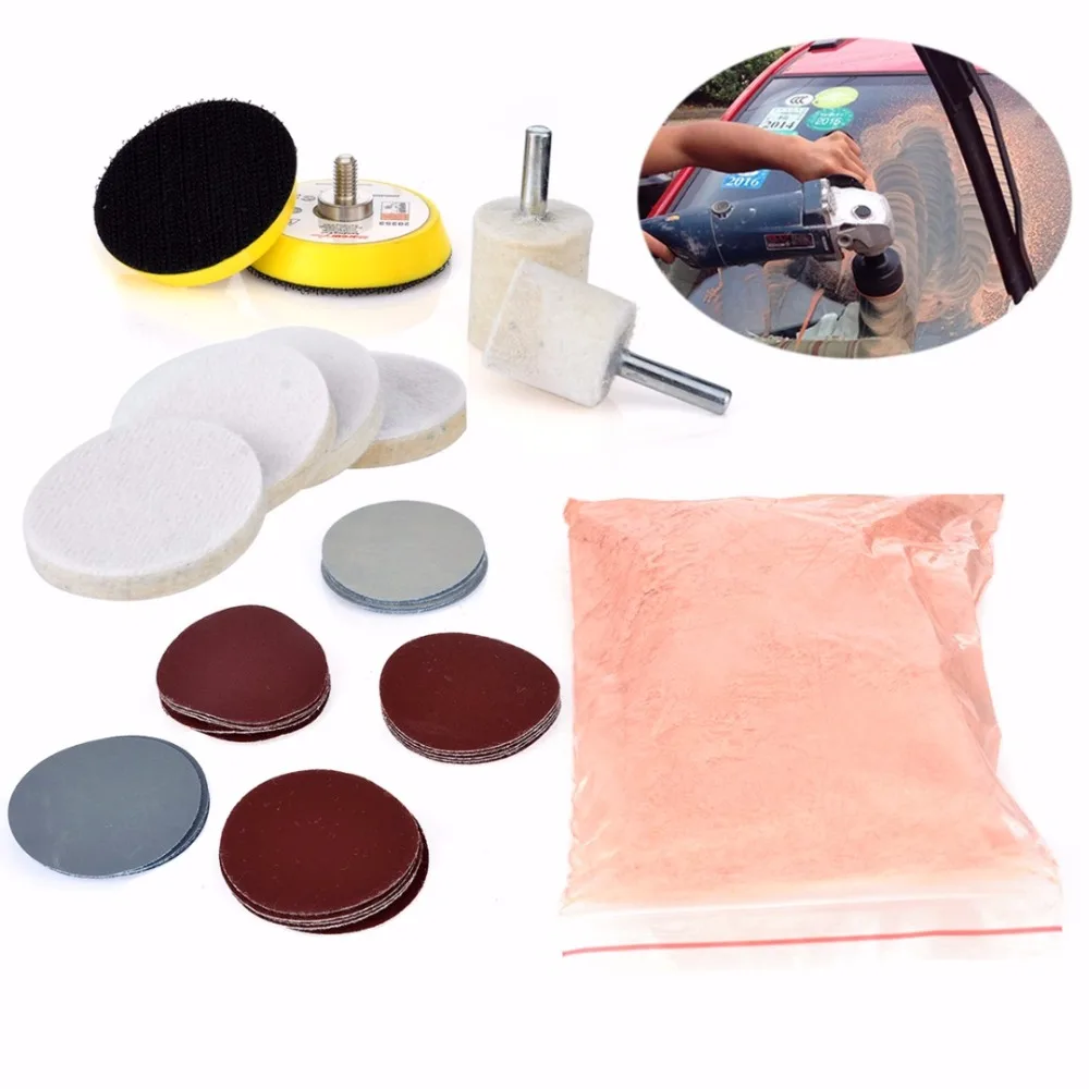 Set di rimozione graffi per kit di lucidatura vetro 34 pezzi set di ruote in feltro per lucidare polvere di ossido di cerio per parabrezza e vetro