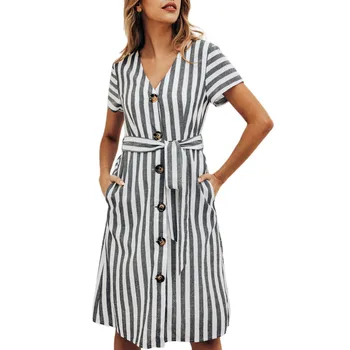 

KLV 2019 Women Geometric Short Sleeve V Neck Button Dress Evening Party Dress With Belts free shipping D4